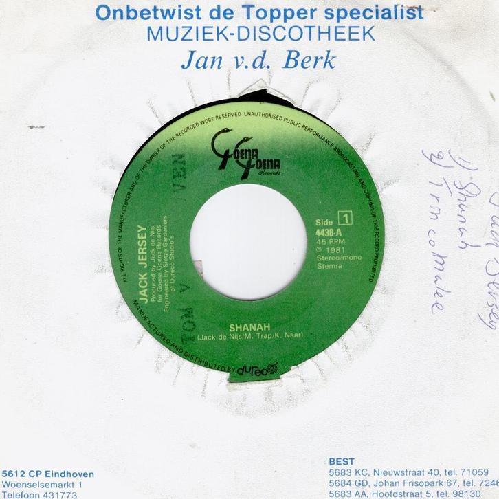 Jack jersey - shanah, Cd's en Dvd's, Vinyl Singles, Gebruikt, Single, Pop, 7 inch, Ophalen of Verzenden