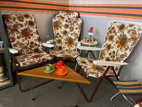3 vintage jaren 70 tuinstoelen met gele bloemen, Tuin en Terras, Tuinstoelen, Zo goed als nieuw, Overige materialen, Ophalen