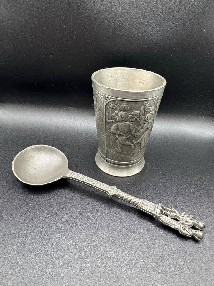 Tinnen Beker en Lepel Set, Antiek en Kunst, Antiek | Tin, Ophalen of Verzenden