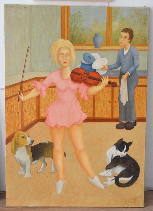 schilderij van viool spelende vrouw, Antiek en Kunst, Kunst | Schilderijen | Modern, Ophalen of Verzenden