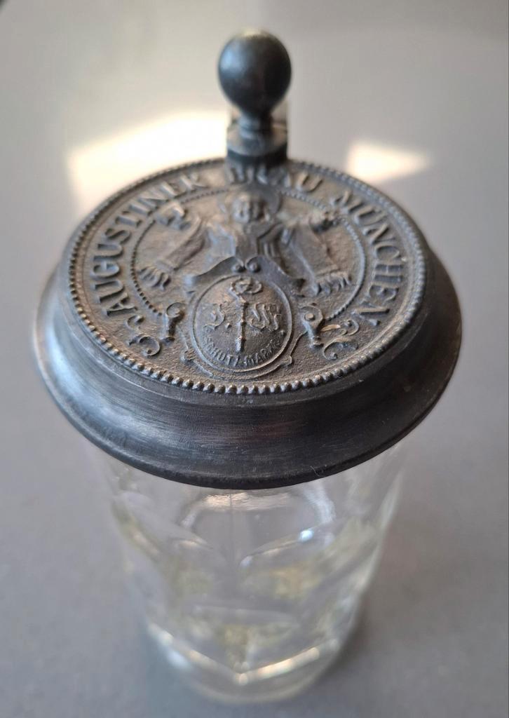 vooroorlogse glazen bierpuldeksel Augustiner Bräu München, Verzamelen, Biermerken, Zo goed als nieuw, Pul(len), Overige merken