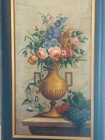 Antiek schilderij bloemen op vaas, olieverf op doek,in lijst beschikbaar voor biedingen