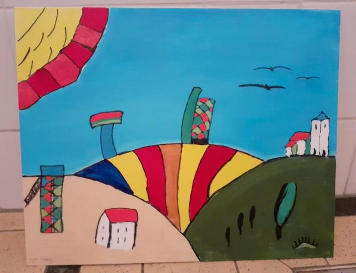 Kleurrijk Kubistisch Landschap, Antiek en Kunst, Kunst | Schilderijen | Abstract, Ophalen of Verzenden