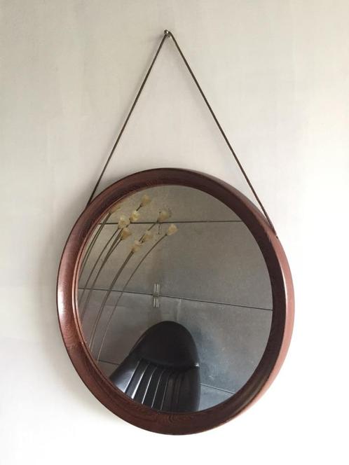 Jaren 50 60 design Wengé spiegel Luxus Zweeds leren koord, Huis en Inrichting, Woonaccessoires | Spiegels, Gebruikt, 50 tot 75 cm