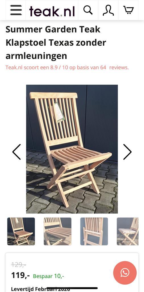 6x Teakhouten Klapstoel Summer Garden - Als Nieuw!, Tuin en Terras, Tuinstoelen, Zo goed als nieuw, Teakhout, Inklapbaar, Stapelbaar