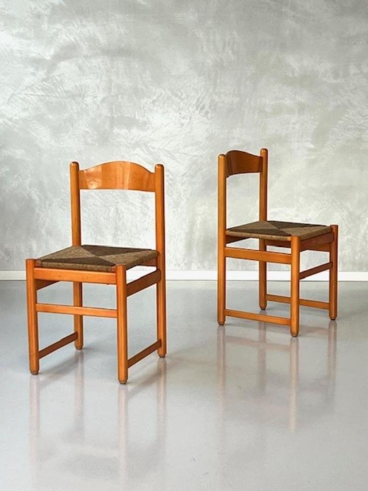 Jaren 70 eetkamerstoelen vintage oranje retro riet prijs p/s, Huis en Inrichting, Stoelen, Gebruikt, Drie, Hout, Overige materialen