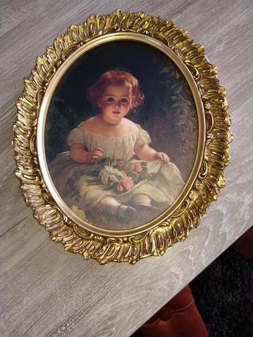 Vintage Schilderij van Meisje met Bloemen beschikbaar voor biedingen