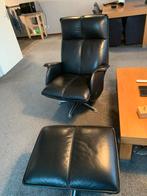 Zwarte leren relaxstoel met hocker, Huis en Inrichting, Fauteuils, Ophalen, Gebruikt, Leer, 75 tot 100 cm