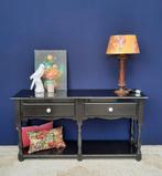 Zwarte landelijke grenen vintage sidetable, tafel met lades, Ophalen, Gebruikt, 100 tot 150 cm, Vintage