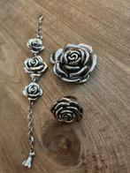 Zilveren Roos Set: Hanger, Ring (maat 17) & Armband, Sieraden, Tassen en Uiterlijk, Antieke sieraden, Ophalen of Verzenden, Zilver