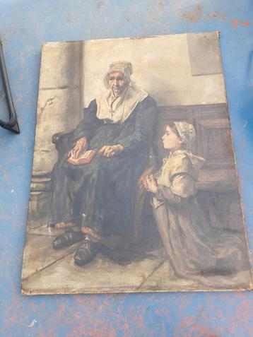 Antiek Schilderij - Vrouw en Kind beschikbaar voor biedingen