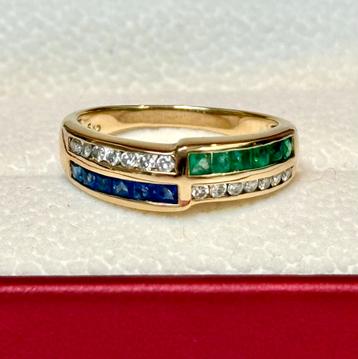 Gouden ring met natuurlijke diamant saffier en smaragd! 18mm beschikbaar voor biedingen