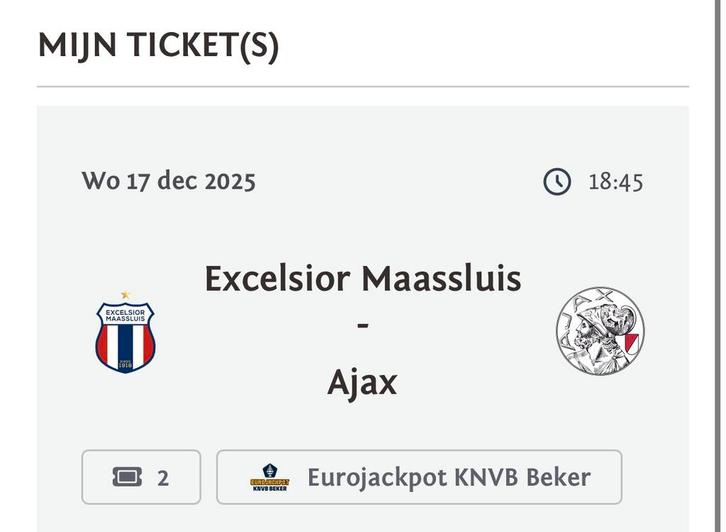 2 tickets Excelsior Maassluis - Ajax vak 23, Tickets en Kaartjes, Sport | Voetbal, Twee personen, December, Losse kaart