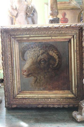 Antiek frans 18e eeuws olie schilderij paneel moeflon schaap beschikbaar voor biedingen