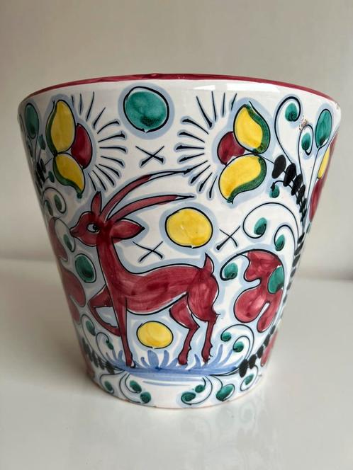 Vintage Groot ITALY Deruta Bloempot Hertjes Bloemen Ø20 70’s, Antiek en Kunst, Antiek | Keramiek en Aardewerk, Ophalen of Verzenden