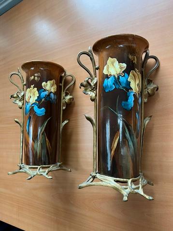 Paar Antieke Art Nouveau Majolica Vazen Jugendstil 1900 beschikbaar voor biedingen