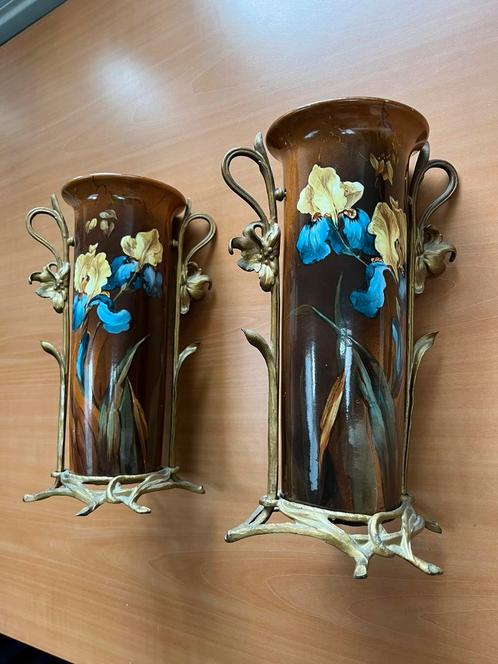 Paar Antieke Art Nouveau Majolica Vazen Jugendstil 1900, Antiek en Kunst, Antiek | Vazen, Ophalen of Verzenden