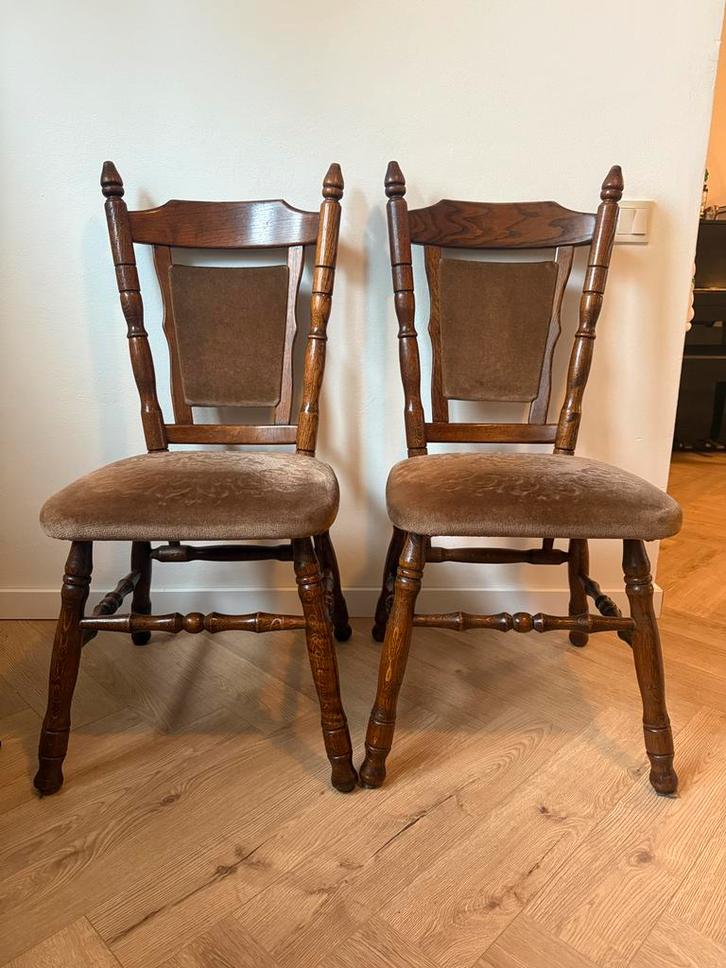 Vintage eiken eetkamerstoelen - set van 4, Huis en Inrichting, Stoelen, Zo goed als nieuw, Bruin, Ophalen
