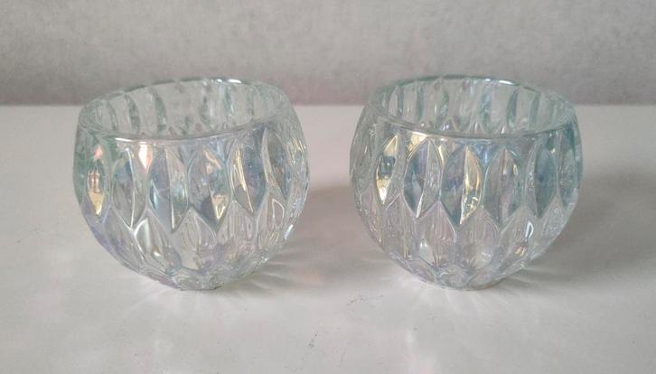 2 Waxinelichthouders met parelmoer glans, Huis en Inrichting, Woonaccessoires | Kandelaars en Kaarsen, Zo goed als nieuw, Kandelaar