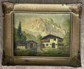 Alpenlandschap met boerderij en bergen beschikbaar voor biedingen