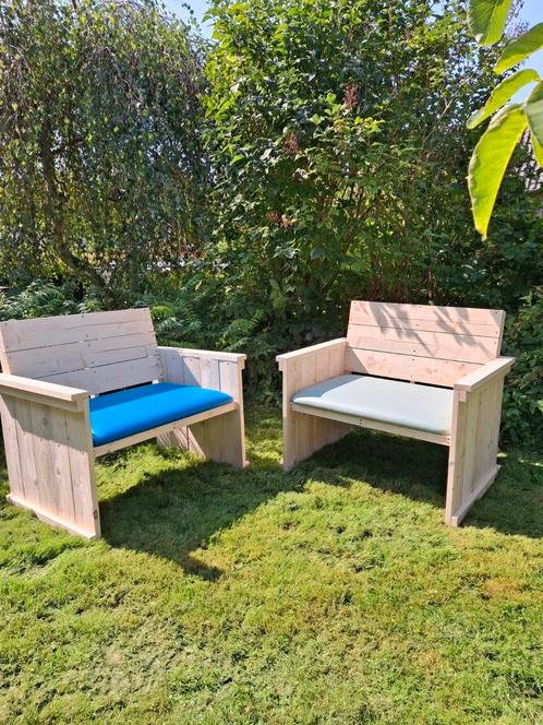 tuinbank stoel hout onbewerkt steigerhout en zitting blauw, Tuin en Terras, Tuinbanken, Nieuw, Hout, Ophalen