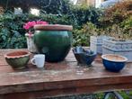 4 groen  blauw geglazuurde bloempotten  1 XL, Tuin en Terras, Bloempotten, Rond, Ophalen of Verzenden, Aardewerk, Minder dan 40 cm