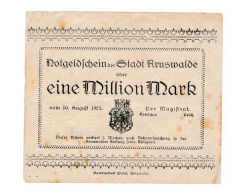 Duitsland 1 miljoen Mark 1923 Noodgeldbon Arnswalde, Postzegels en Munten, Bankbiljetten | Europa | Niet-Eurobiljetten, Los biljet