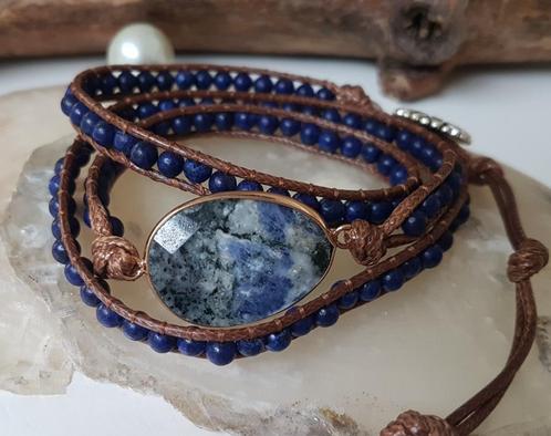 Handgeslepen Lapis Lazulli Edelsteen Wikkelarmband, Sieraden, Tassen en Uiterlijk, Armbanden, Nieuw, Overige materialen, Blauw
