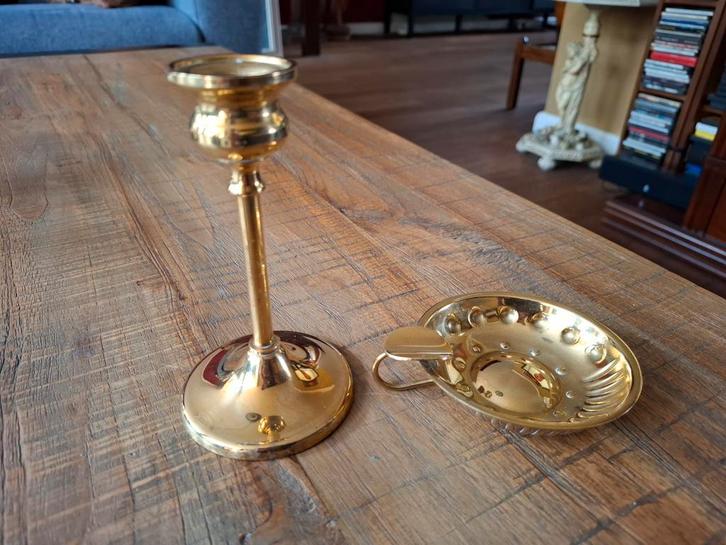 Goudkleurige Kandelaar & tastevin Set, Antiek en Kunst, Antiek | Kandelaars, Koper of Brons, Ophalen of Verzenden