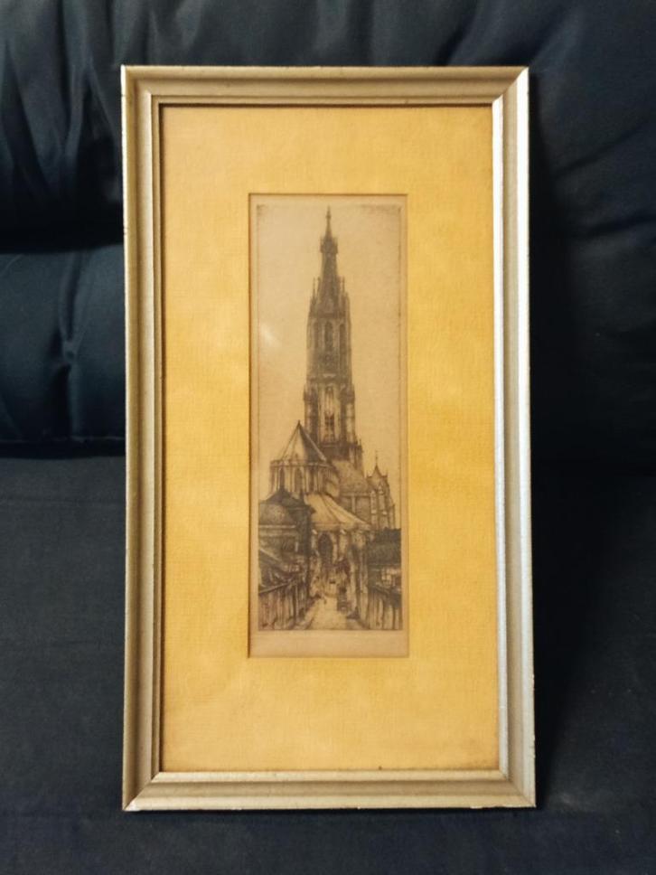 Oude Ets DELFT Nieuwe Kerk Toren Gravure Jaren 20 Vintage, Antiek en Kunst, Kunst | Etsen en Gravures, Ophalen of Verzenden