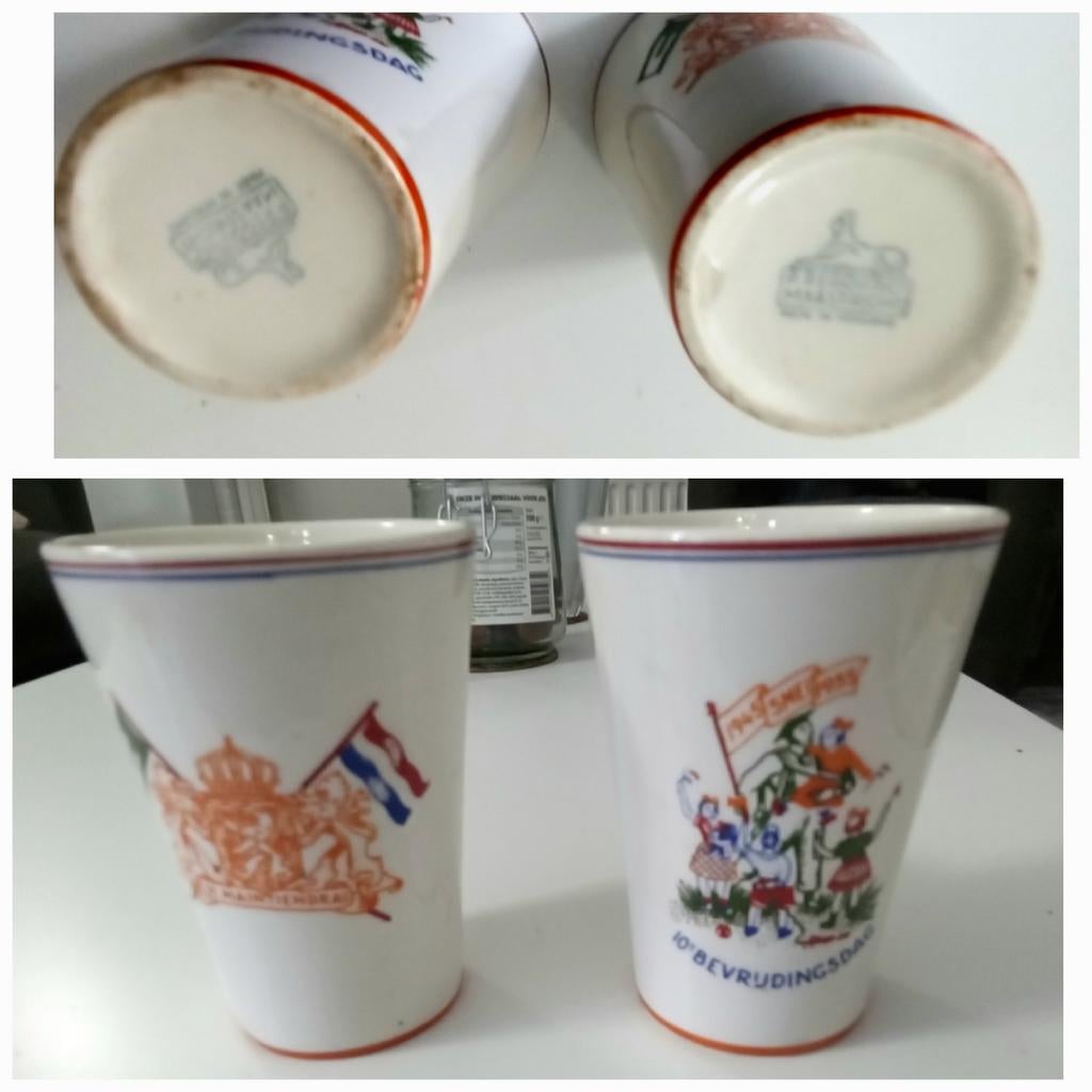 Vintage 2 Herdenkingsbekers 10 Jaar Bevrijding - Goede Staat, Antiek en Kunst, Antiek | Keramiek en Aardewerk, Ophalen of Verzenden