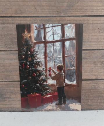 Vintage look kerst-kaart jongen hangt kerstbal in de boom beschikbaar voor biedingen