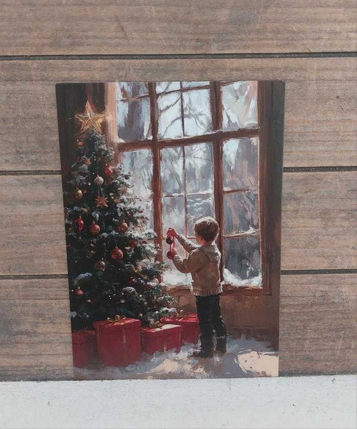 Vintage look kerst-kaart jongen hangt kerstbal in de boom, Verzamelen, Ansichtkaarten | Themakaarten, Ongelopen, 1980 tot heden