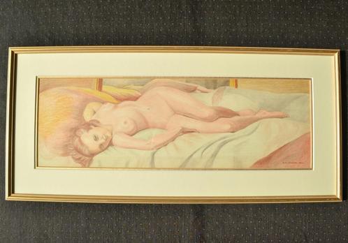 Liggend naakte dame – Ingelijste tekening in kleur, 34x74 cm, Antiek en Kunst, Kunst | Schilderijen | Klassiek, Ophalen of Verzenden