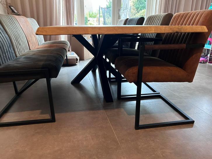 Boomstam Eettafel met stoelen en bank, Huis en Inrichting, Tafels | Eettafels, Zo goed als nieuw, 100 tot 150 cm, 200 cm of meer