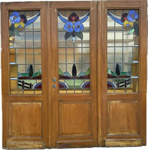 3- delige set jugendstil glas in lood deuren 216x214cm., Antiek en Kunst, Curiosa en Brocante, Ophalen