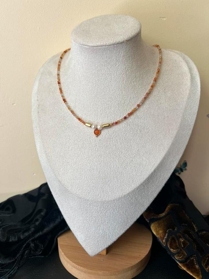 Akoya zoutwater parel carneool beschermt powerul magie, Sieraden, Tassen en Uiterlijk, Kettingen, Nieuw, Zilver, Oranje, Met edelsteen