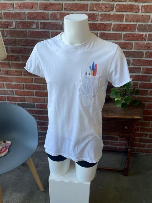 Grappig t-shirt met pennen print maat S, Kleding | Heren, T-shirts, Gedragen, Maat 48/50 (M), Wit, Ophalen of Verzenden