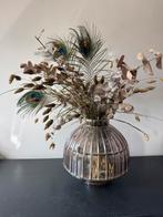 Droogboeket met pauwenveren in vaas (Loods5) eyecatcher, Ophalen, Overige kleuren, Glas, Minder dan 50 cm
