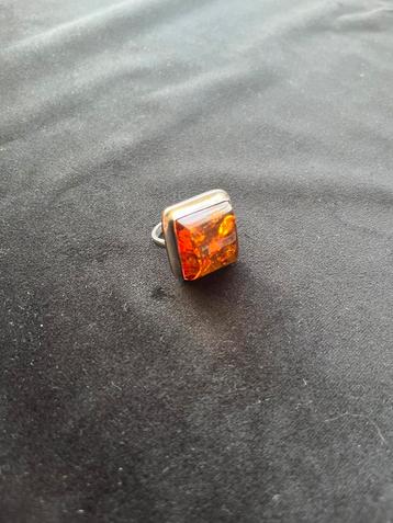 925 zilveren ring met grote barnsteen, art deco, 3x gemerkt beschikbaar voor biedingen