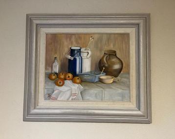Schilderij stilleven kannen, kruik en fruit. beschikbaar voor biedingen