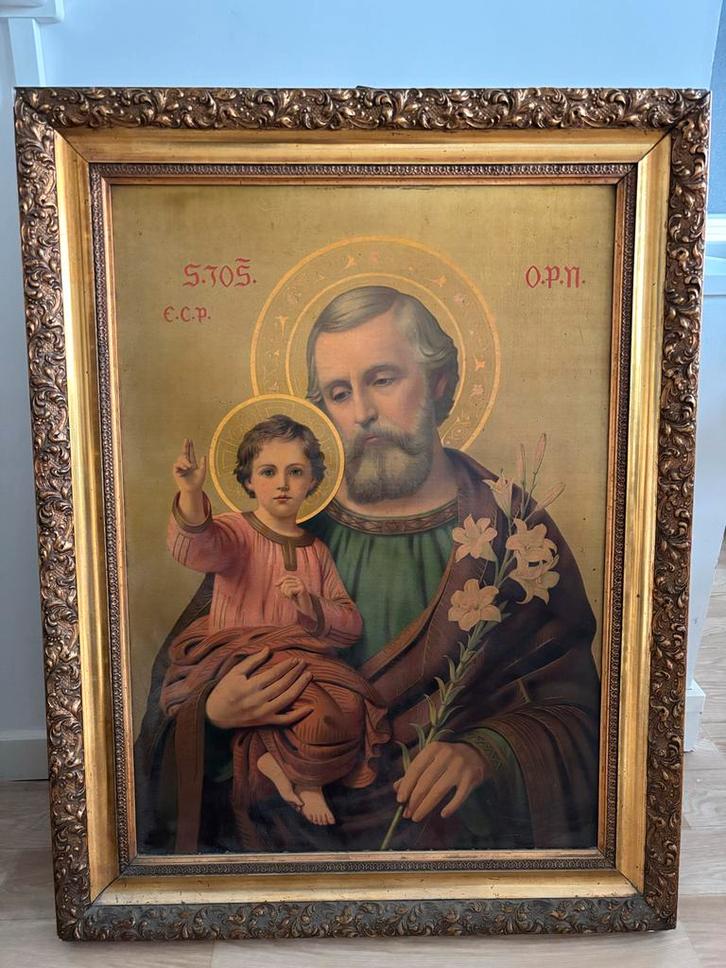 Sint-Jozef met kindje Jezus in antieke houten lijst, Antiek en Kunst, Kunst | Schilderijen | Klassiek, Ophalen