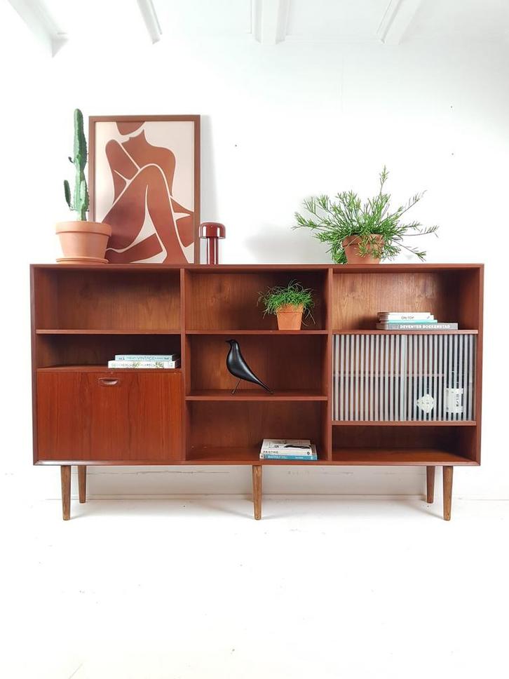 Vintage buffetkast teak met glas | wandkast groot Deens, Verzamelen, Retro, Huis en Inrichting, Ophalen of Verzenden