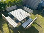 Vierkante xxl 8 pers picknicktafel met rugleuning, Tuin en Terras, Picknicktafels, Ophalen, Gebruikt, Vierkant, Hout