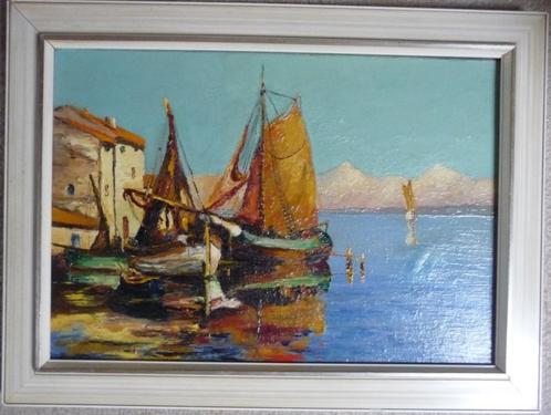 Mediterrane haven 1946 - gesigneerd - doek - gelijst, Antiek en Kunst, Kunst | Schilderijen | Klassiek, Ophalen of Verzenden