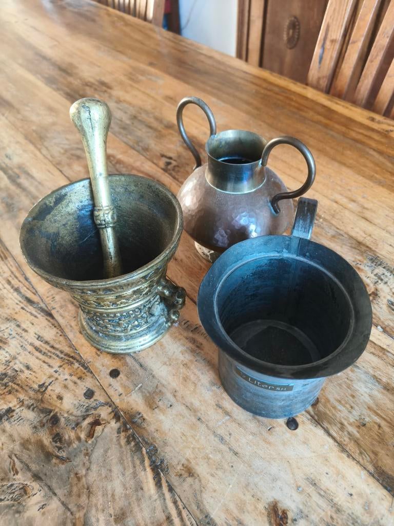Oude messing, tin en koperen potjes, Antiek en Kunst, Ophalen of Verzenden