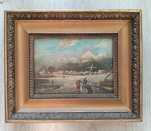 19e eeuw Hollands wintergezicht met schaatsers - Gesigneerd, Antiek en Kunst, Kunst | Schilderijen | Klassiek, Ophalen of Verzenden