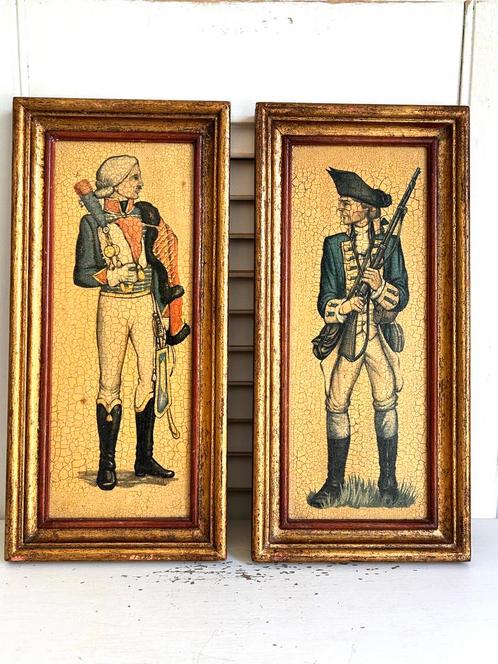 Twee schilderijen soldaten historisch uniform goud verguld, Antiek en Kunst, Curiosa en Brocante, Ophalen