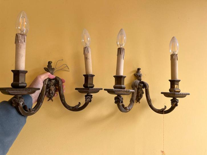 2xBronzen Wandlampen Wandkandelaars - Set van 2 stuks. Antie, Antiek en Kunst, Antiek | Lampen, Ophalen of Verzenden