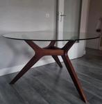 Ronde eettafel glas en noten, Huis en Inrichting, Tafels | Eettafels, Ophalen, Glas, Rond, Zo goed als nieuw